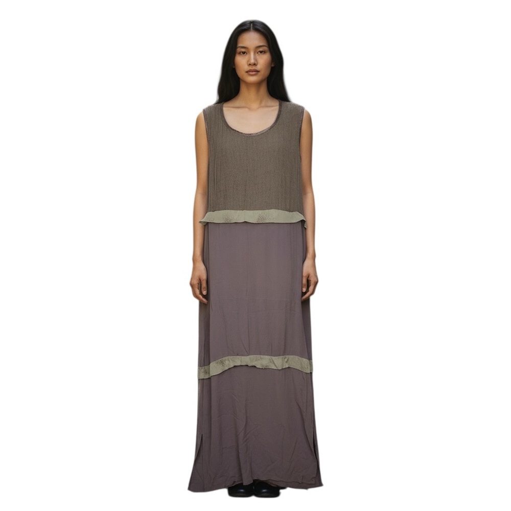 Jackie Loves John Brown Ruffle Maxi Shift Dress One Size Brown Slit Art‎ to Wear